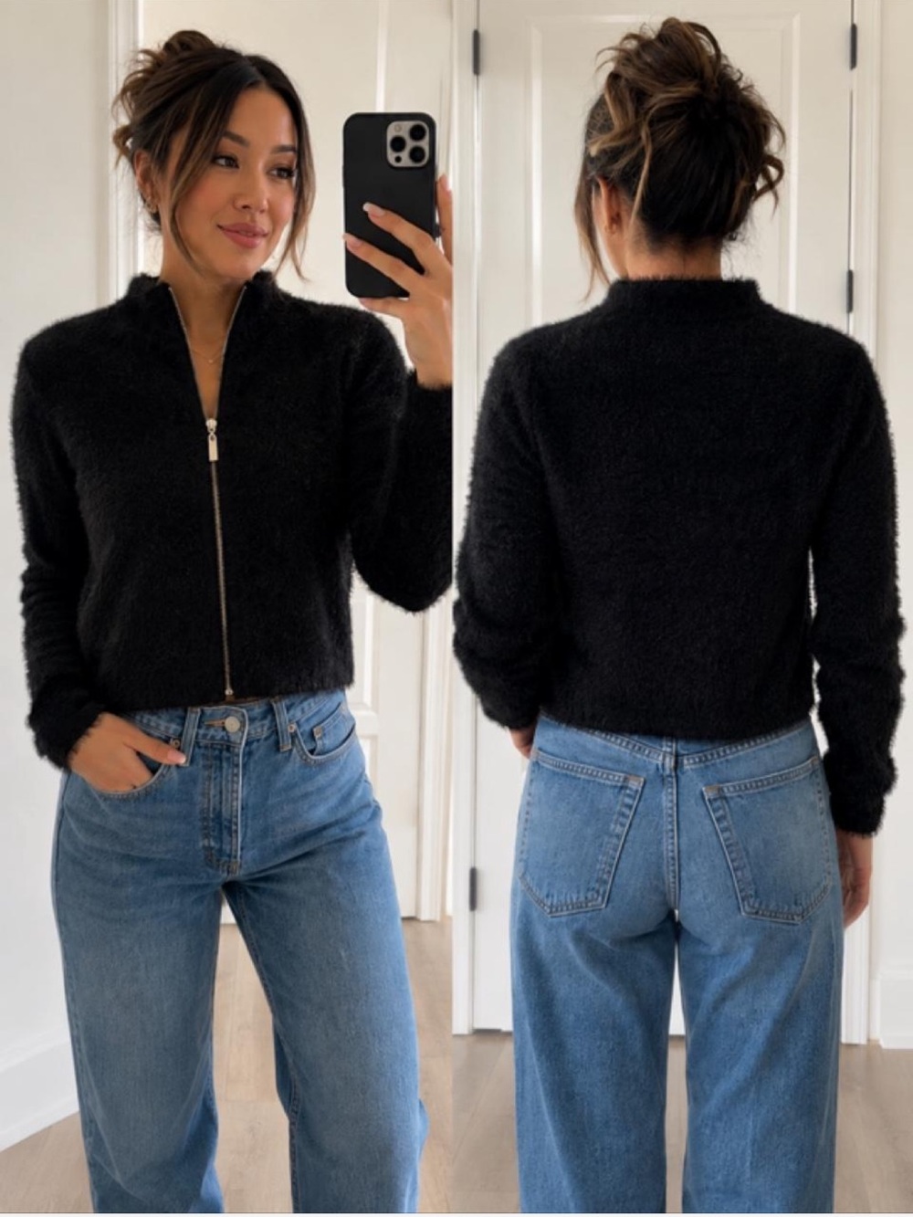 Sincerely Jules Black Fuzzy Zip Cardigan